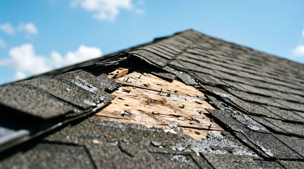 Damaged asphalt shingles and exposed roof decking after severe weather
